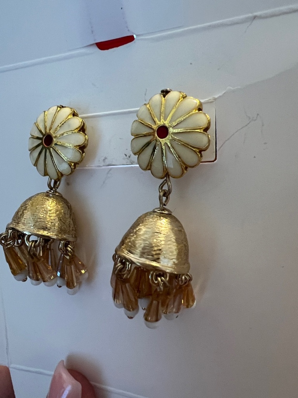 Anthropologie Gold and Cream Floral Jhumka Earrings with Amber Beads - Picture 3 of 6